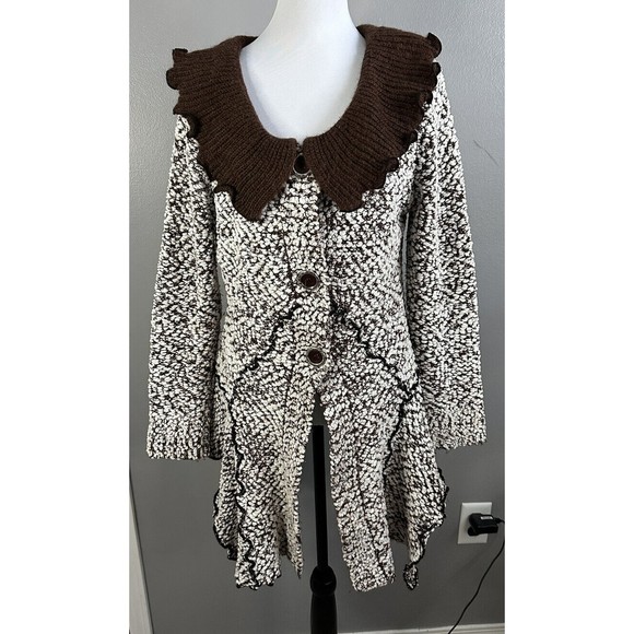 Come N See Brown White High Low Cardigan Button Front Chunky Knit Long Sweater - Picture 1 of 6